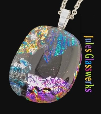 Hand Crafted Dichroic Fused Glass Pendant W/Chain #1417 Blue Purple Gold