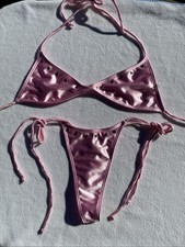 Small Satiny Pink Thong Bikini With Silver Studs