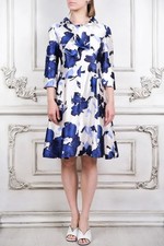 Oscar De La Renta Silk White Blue Floral 3/4 Sleeve Runway A Line Dress 8