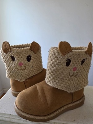 American Eagle Girls Cat Face Knit Bootie with Ears Tan Cream Ankle Winter Boots
