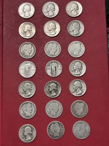 US 90% Silver Quarters Lot of 21- Washington, Standing Liberty, Barber Types 💥
