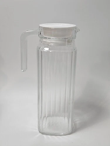 Vintage ARC Clear Glass Ribbed Square Juice Milk Water Carafe Pitcher Lid France