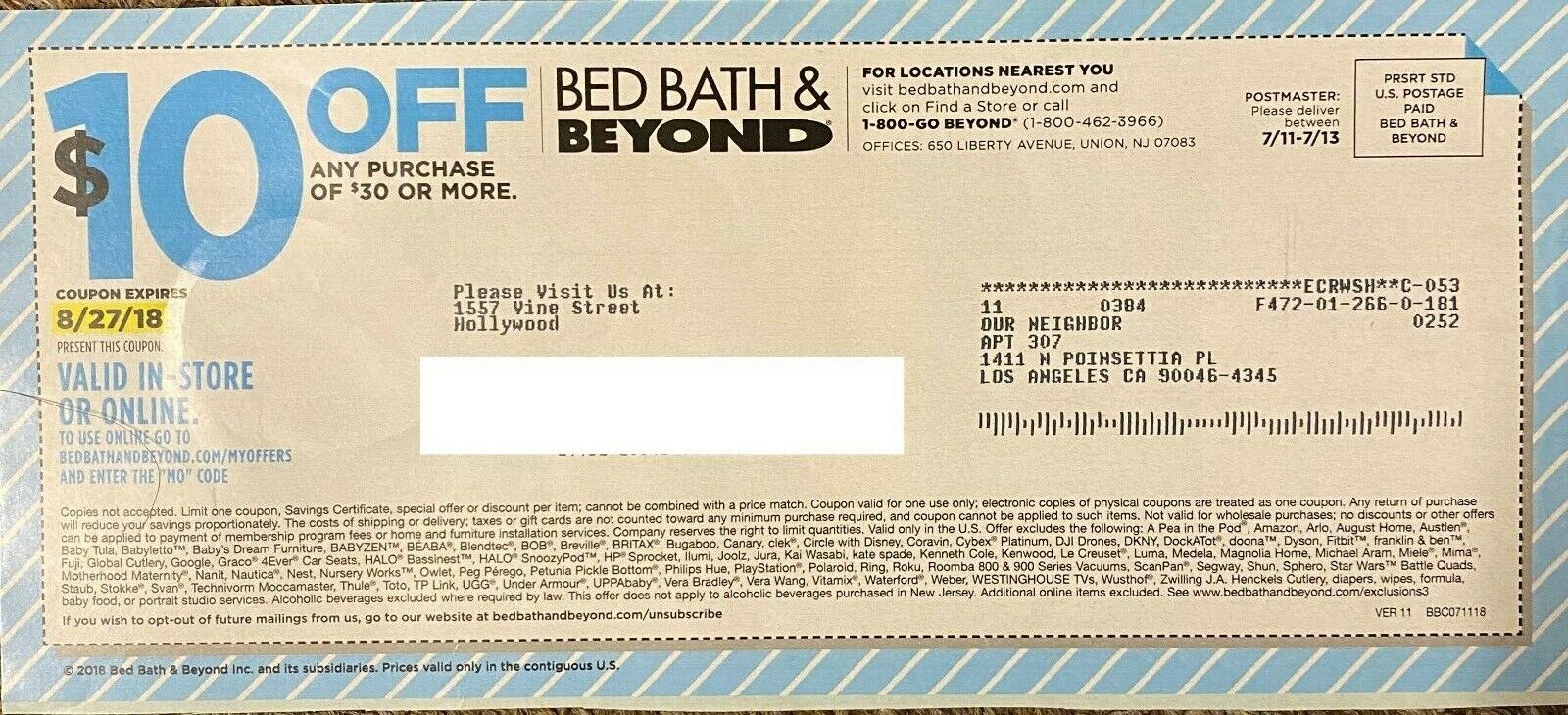 Lot of 10 Bed Bath & Beyond Coupons $10 Off, $5 Off, 20% Off - Never Expire!!!
