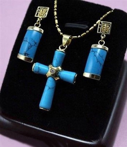 White Gold Plated Fortune Turquoise Cross Xmas Pendant Necklace Earrings Set - Picture 3 of 3