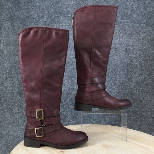 Madden Girl Boots Womens 6 Tall Back Zip Buckle Riding Purple Leather Low Heel - Picture 2 of 11