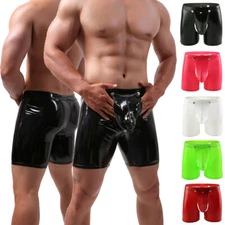 Mens Leather Wet Look Open Front Boxer Briefs Trunks Shorts Underwear Sexy Boxer