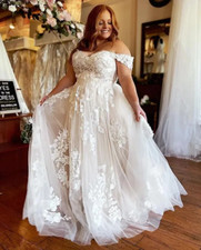Plus Size Off Shoulder WeddingDresses Lace Applique Tulle BridalGown Custom Size