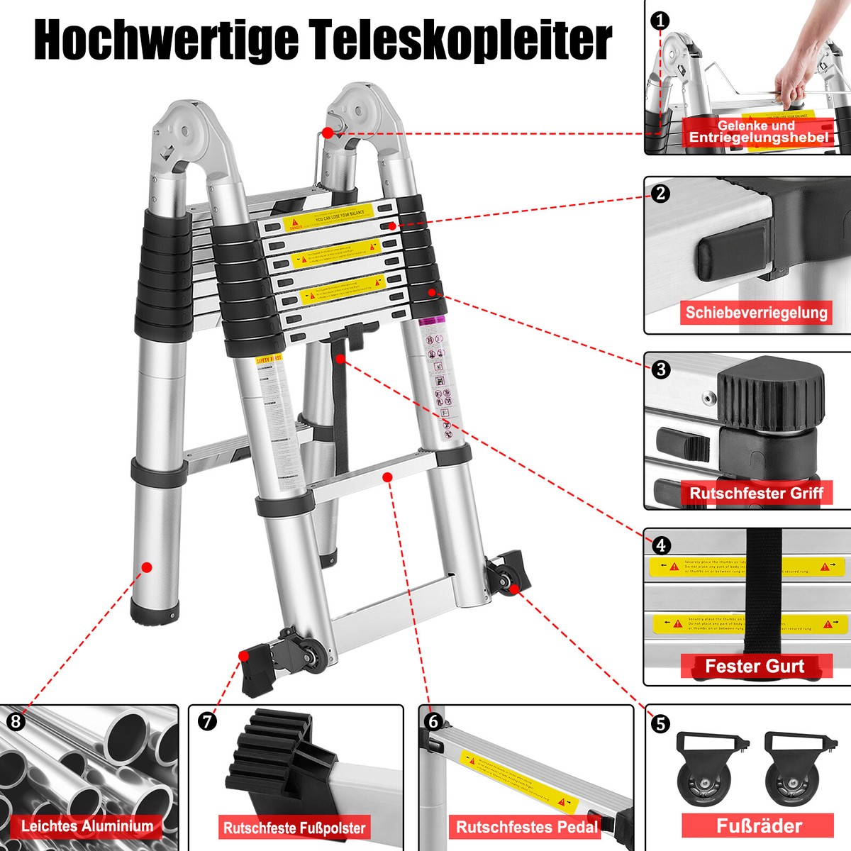 Hostrom StablePro 3-Ebenen-Leiter – Ausziehbar, Aluminium, Max. 5,05 M Arbeitshöhe, 150 Kg Belastbar