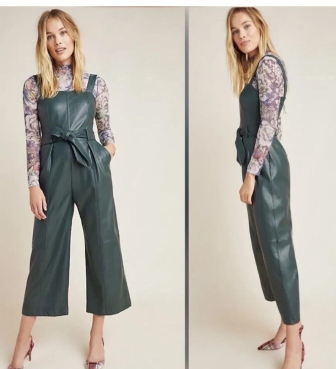 Anthropologie Samira Green Faux Leather Jumpsuit Womens Sz 12 New
