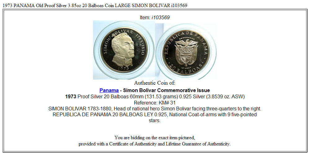1973 PANAMA Old Proof Silver 3.85oz 20 Balboas Coin LARGE SIMON