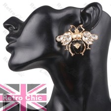 BIG BEE STUDS 5cm CRYSTAL retro STUD EARRINGS black enamel STATEMENT HONEY BEE