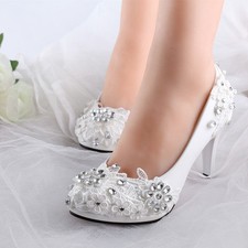 Ladies Lace Gems Wedding Formal Bridal Bridemaid Pump High Low Heel Flat shoes