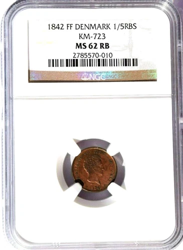 1842 FF Denmark 1/5 Rigsbankskilling, NGC MS 62 RB, KM-723, Red/Brown