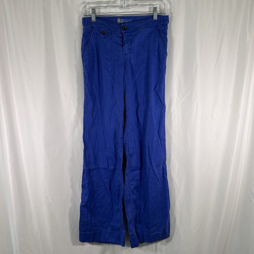 Level 99 Linen Blend Pants Women's 26 Blue Button Zip Mid Rise Lightweight