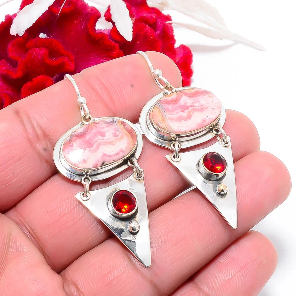 Rhodochrosite - 阿根廷和红色石榴石 925 纯银耳环 2.15 英寸 E83814 — 第 3/4 张图片
