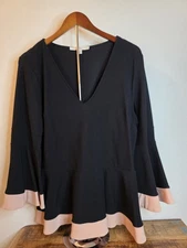 Boston Proper Black and Taupe Long Sleeve Deep V Peplum Top Large