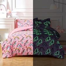 Glow in The Dark Kids Comforter Set 3 Pieces Pink Unicorn Bedding Set Twin S...