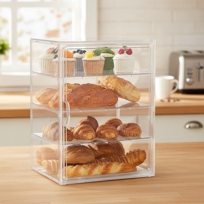 Elegant 4-Layer Clear Acrylic Pastry Display Case with Magnetic Door - 15.5x1...