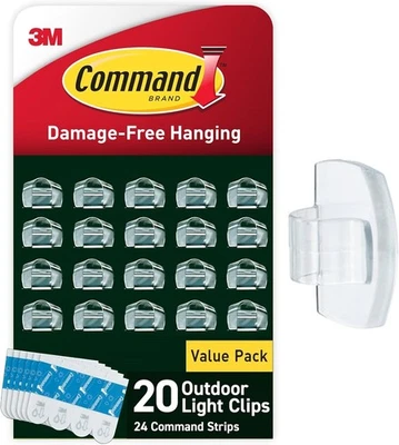 NEW 20 Clips 24 Strips 3M Command Indoor/Outdoor Light Clips Damage Free Hanging