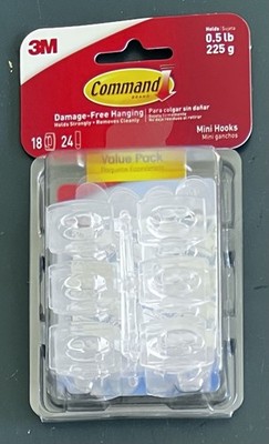 18ct 3M Command Mini Clear Hooks w/24 Adhesive Strips ︎Max 0.5lbs ︎Damage Free