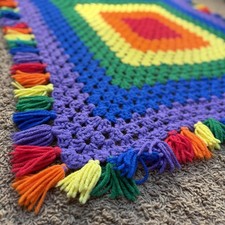 Vintage Granny Square Rainbow Afghan Handmade Throw 42inx48in COLORFUL