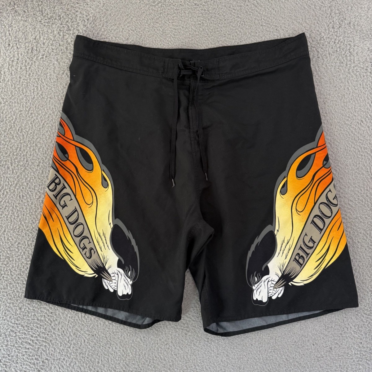 Vintage Big Dogs Shorts Men 2XL Black Flame Swim Trunks Board