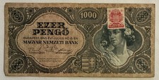 1945 Hungary Magyar Ezer 1000 Pengo Banknote w/Stamp