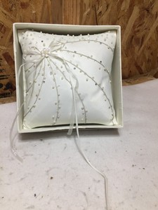 Ivory Satin Crystal Beaded Wedding Ring Bearer Pillow Faux Pearl Accent