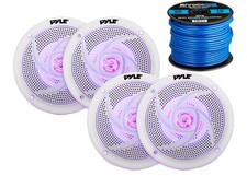 4x Pyle Marine 5.25" 2-Way Waterproof White LED Speakers, 16-G 50 Ft Tinned Wire