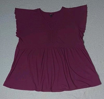 Torrid Flutter Sleeve Babydoll Lace Trim Blouse Womens Size 3 Purple Berry Color