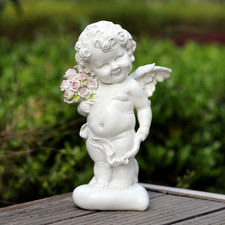 Garden Cupid Angel Statue with Pink Roses, White Cherub Figurine, Outdoor Indoor