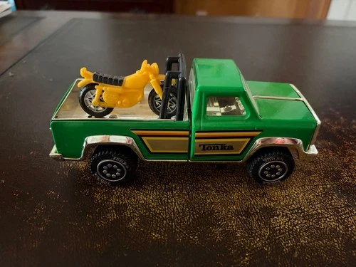 7.5" Vintage 1970s Tonka Dirt Bike Picup Truck Green With Rollbars Metal Base
