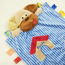 Taggies Peek A Boo Buddy Puppy Dog Baby Blanket Blue Stripe Bone Security Lovey