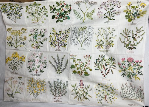 Handmade Embroidered Cross Stitch White Botanical Squares Tablecloth 38” X 50”
