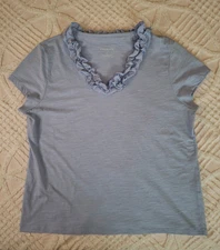 Talbots Women’s Sixe XL Light Blue Short Sleeve Ruffle V-Neck T-Shirt Top