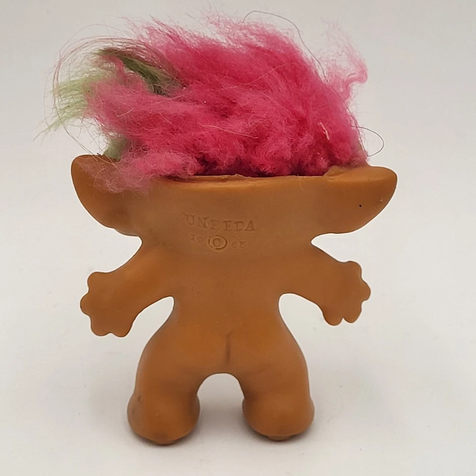 Винтажная игрушка кукла тролль Uneeda 1965 двойная голова сиамские близнецы 3 дюйма розовые зеленые волосы - Изображение 2 из 4