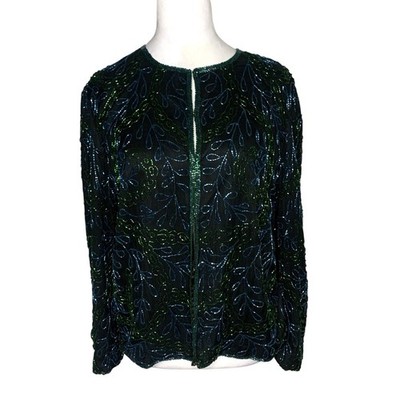 Vintage Scala Women s M/L Blue Green Bead Embellished Silk Jacket Cocktail NYE 
