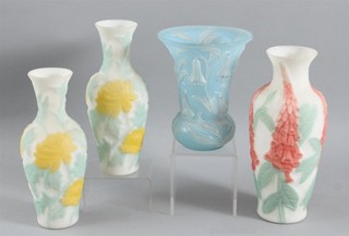 4 Antique Early 20thC Floral 2 Color Phoenix Consolidated Art Glass Flower Vases