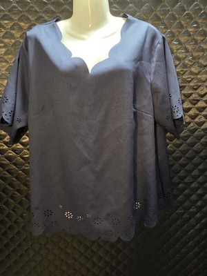 Y% Curve Navy Blouse Top Laser Cut Eyelet SS Scalloped Hem & Neckline Sz 1XL