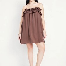 OLD NAVY ~ New! NWT L XL XXL ~ Mocha Adjustable Ruffle-Trim Satin Mini Dress b54