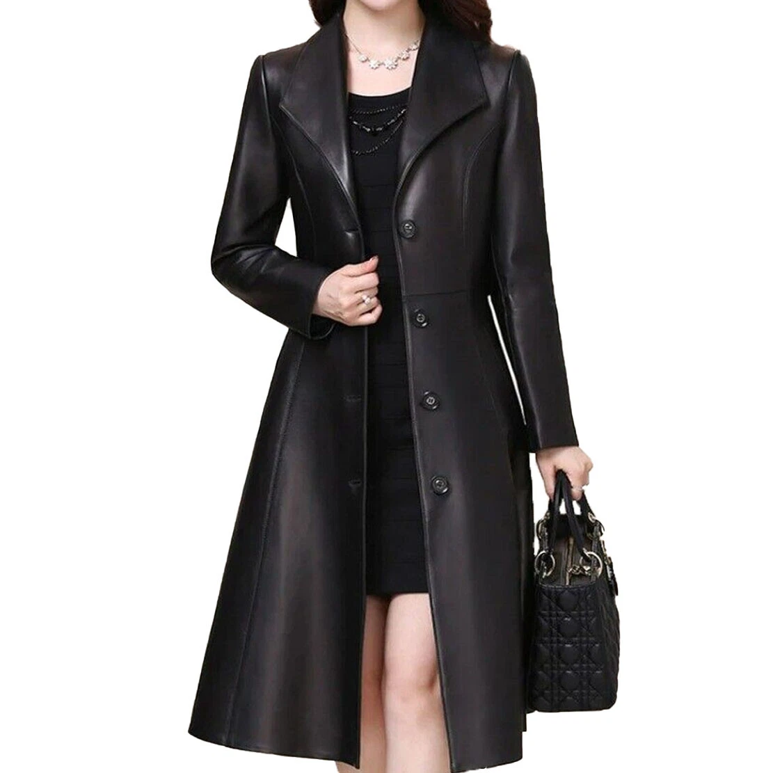 FashionAndLeather Women's Black Lambskin Leather Trench Coat Long Overcoat