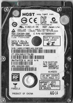 HGST HTS545050A7E680 500GB SATA HARD DRIVE P/N: 0J37165  MLC: DA6129