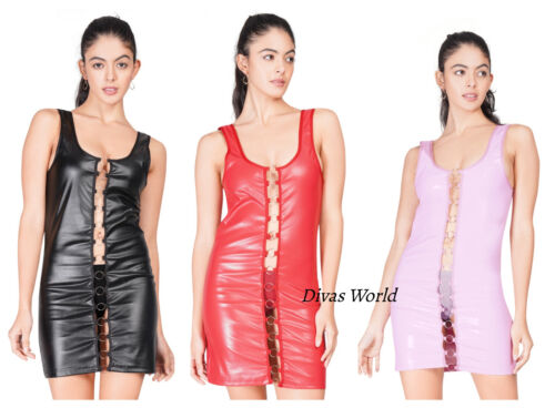 Women's Bodycon Mini Dress Wet Look Front Ringlet Faux Leather Party Dresses - 第 1/21 張圖片