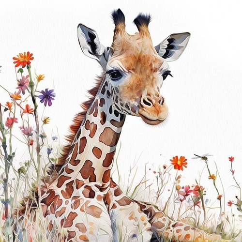Baby Giraffe Wildflowers Dragonfly Watercolor Oil Painting Art Print - Picture 6 of 7