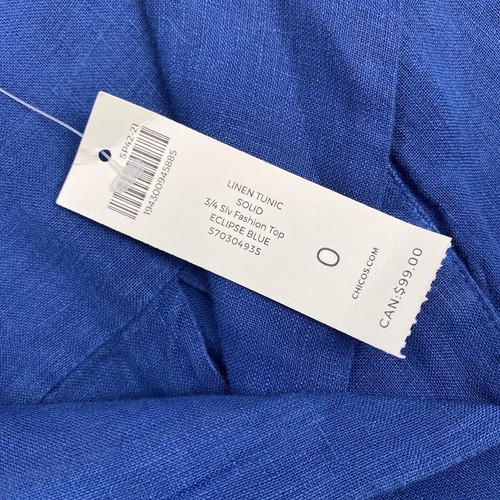 CHICO'S Women's Blue 100% Linen V-Neck Tunic Top Pockets Size 0 (S) - Picture 6 of 10