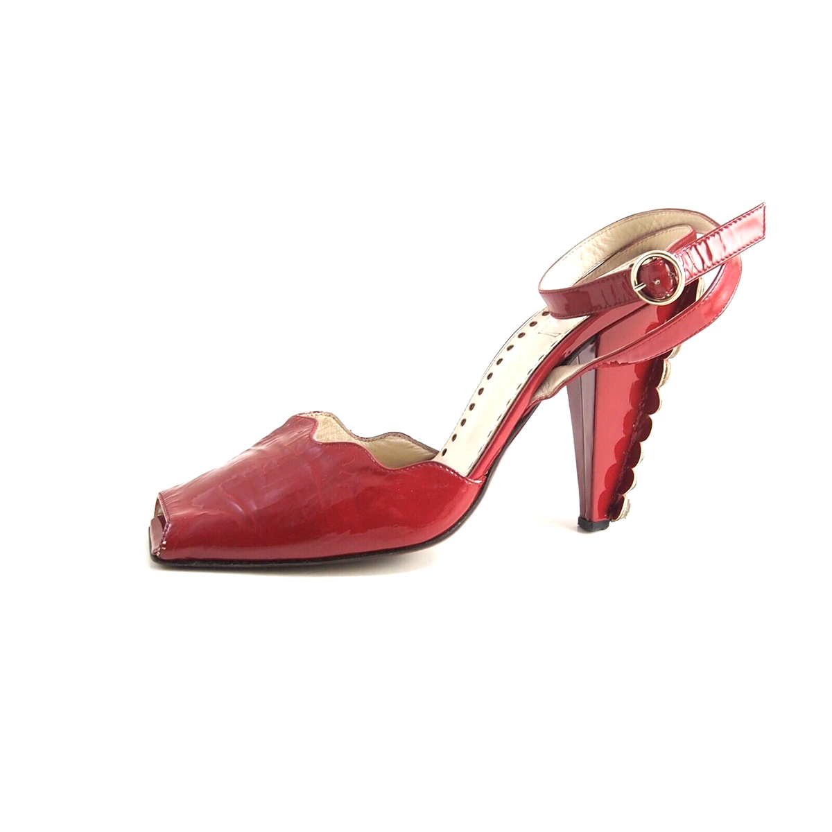YSL Saint Laurent Slingback Sandals Heels Peep Toe Red Patent