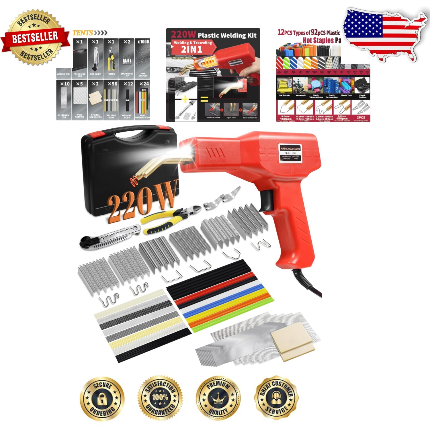 220W Plastic Repair Kit: 1000 PCS Hot Staples & Accessories for Car Parts