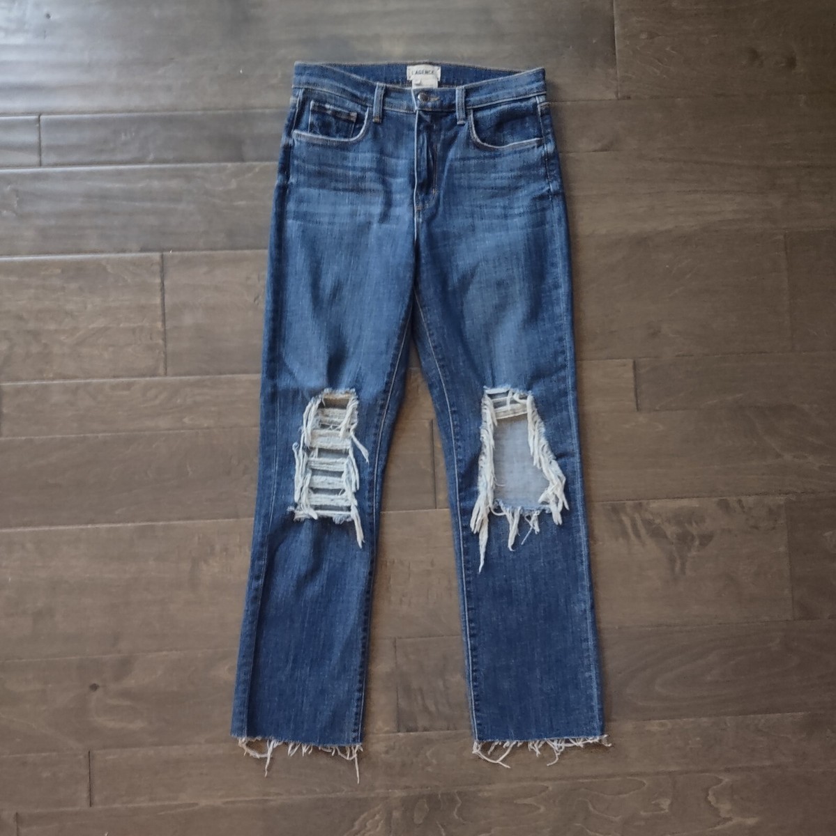 L'Agence Jordan Cropped Straight Jeans Blue Denim Destroyed Knees