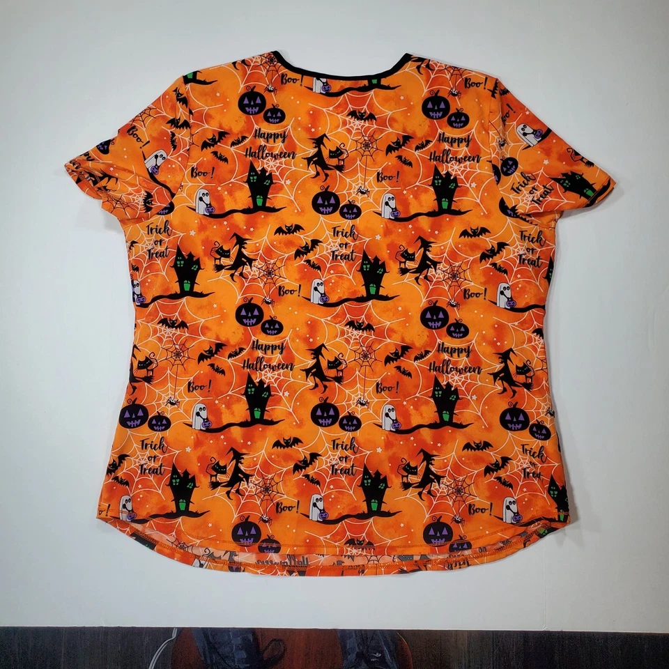 Women's Scrubstar Orange Halloween Witch Ghost Bat Scrub Top Shirt Medium - Image 2 of 4