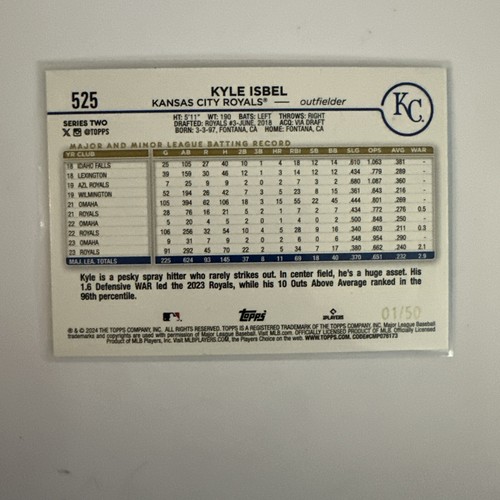2024 Topps Kyle Isbel #525 Yellow Crackle /50 Kansas City Royals - Picture 3 of 3